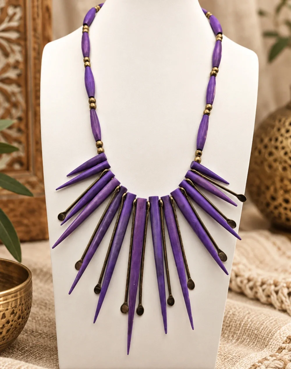 Vintage Purple Spike Fringe Bib Necklace 18” Gold Tone Boho Runway Statement